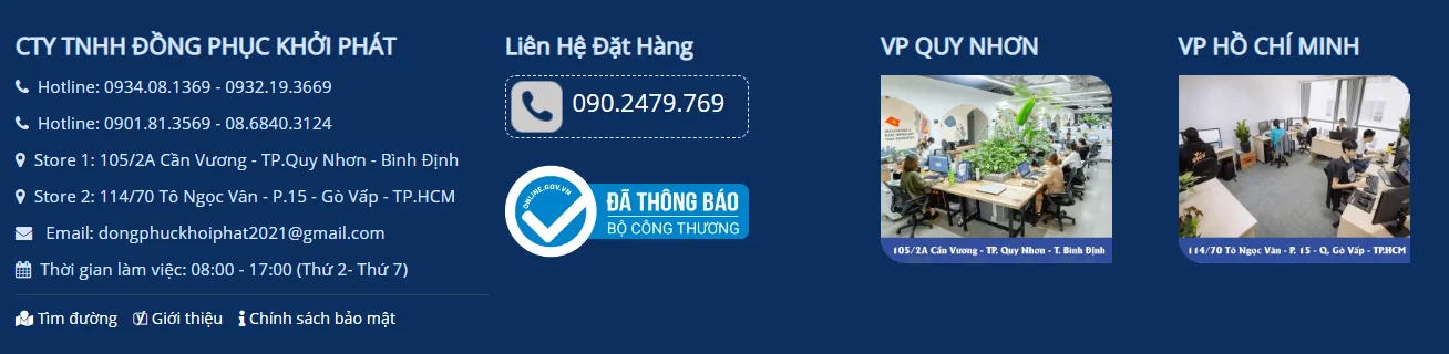 không gian làm việc và thông tin liên hệ của xưởng may đồng phục doanh nghiệp