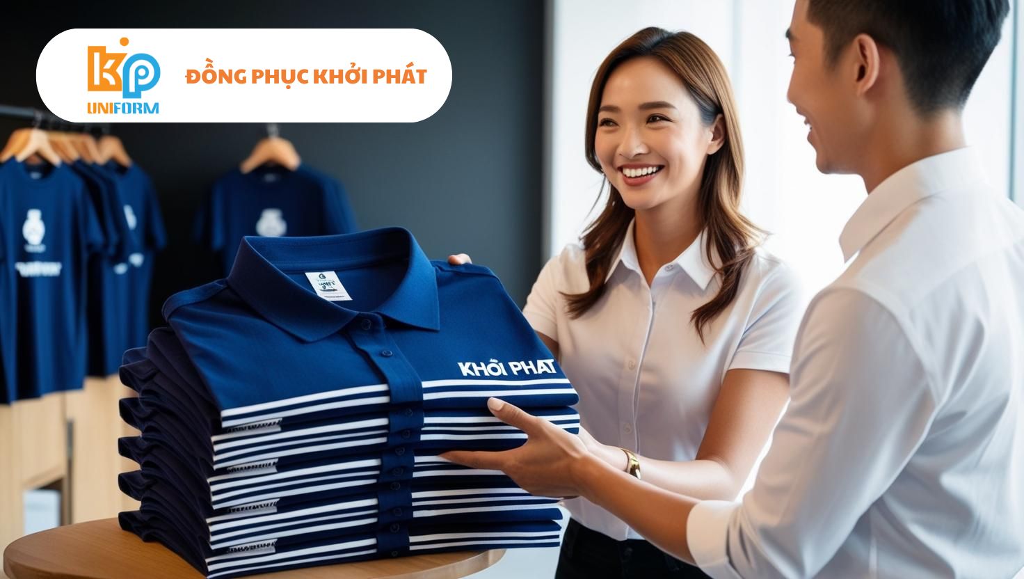 Khách hàng nhận đơn hàng in áo thun đồng phục
