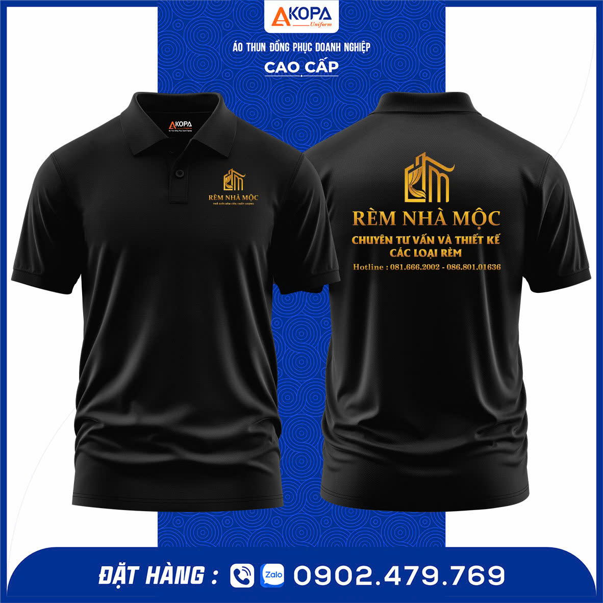 logo in trên áo thun đồng phục màu đen có lót trắng