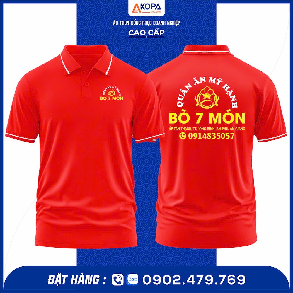 Áo thun polo đồng phục quán ăn Mỹ Hạnh – thiết kế polo cổ bẻ hiện đại, in PET logo sắc nét, chất vải cá sấu 65/35 thoáng mát, bền màu. May tại xưởng Đồng Phục Khởi Phát Quy Nhơn – Gia Lai, thiết kế miễn phí, giao nhanh, giá rẻ, form chuẩn, đúng mẫu thực tế.