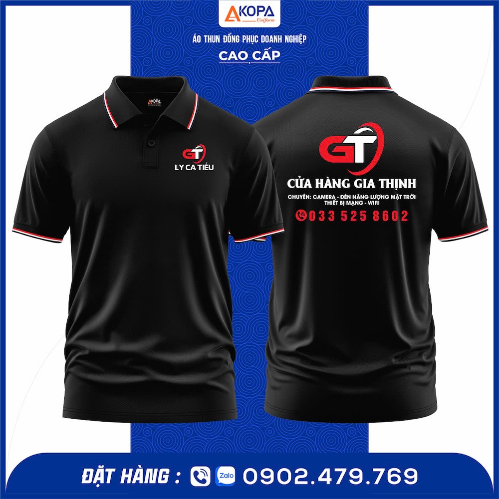 Áo thun polo đồng phục Cửa Hàng Gia Thịnh – thiết kế polo cổ bẻ hiện đại, in PET logo sắc nét, chất vải cá sấu 65/35 thoáng mát, bền màu. May tại xưởng Đồng Phục Khởi Phát Quy Nhơn – Gia Lai, thiết kế miễn phí, giao nhanh, giá rẻ, form chuẩn, đúng mẫu thực tế.