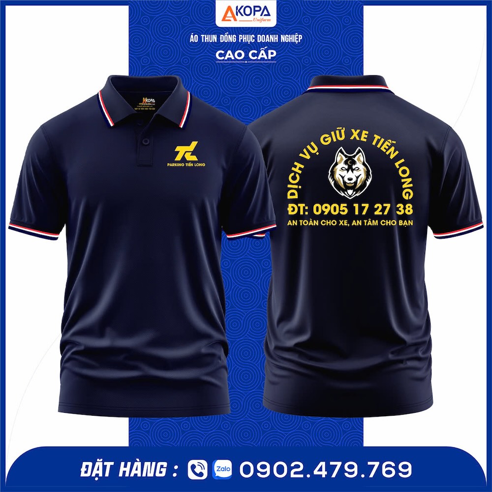 Áo thun polo đồng phục Dịch Vụ Giữ Xe Tiến Long – thiết kế polo cổ bẻ hiện đại, in PET logo sắc nét, chất vải cá sấu 65/35 thoáng mát, co giãn tốt. May tại xưởng Đồng Phục Khởi Phát Quy Nhơn – Gia Lai, thiết kế miễn phí, giao nhanh, giá rẻ, form chuẩn, đúng mẫu thực tế.