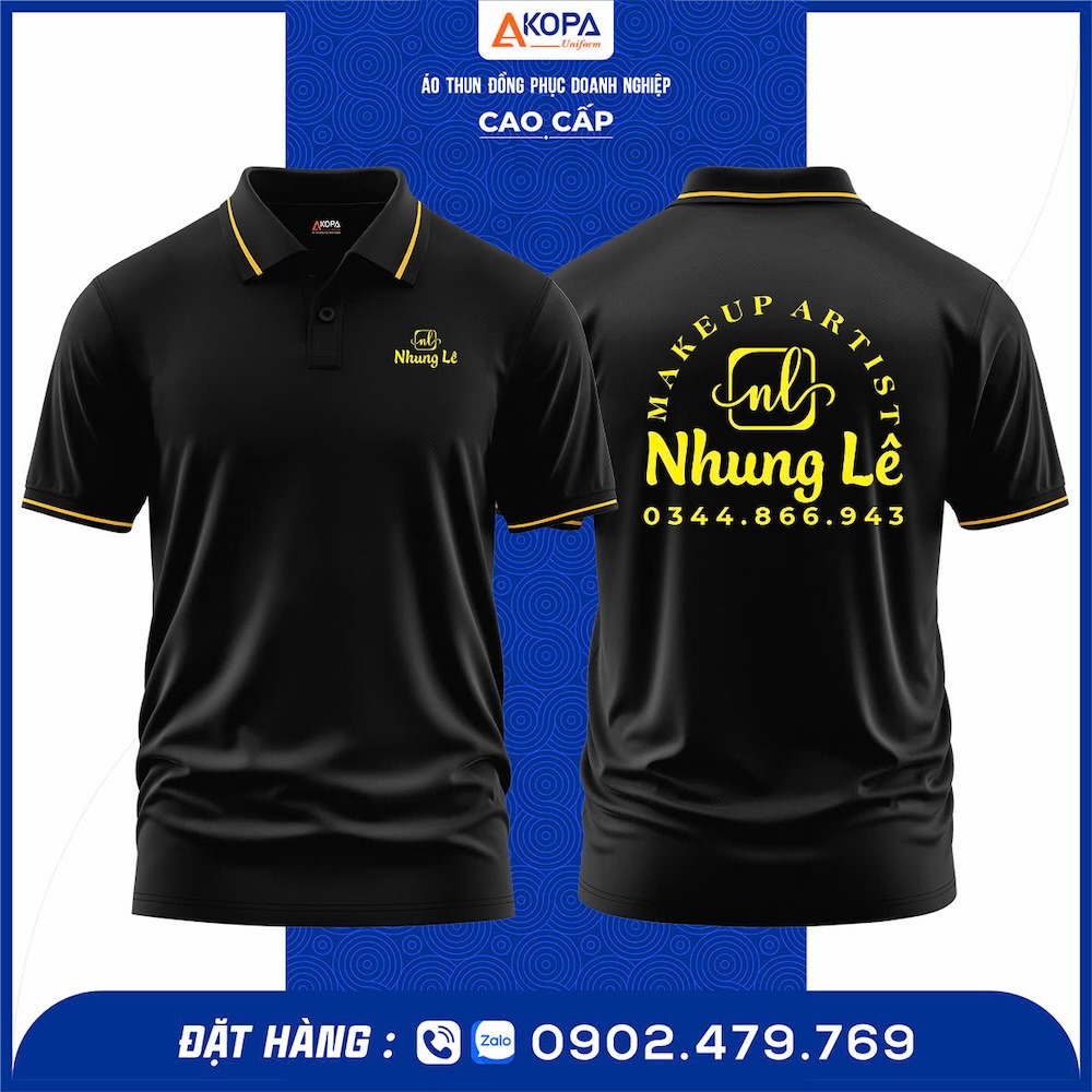 Áo thun polo đồng phục Makeup Nhung Lê – thiết kế polo cổ bẻ hiện đại, in PET logo sắc nét, chất vải cá sấu 65/35 thoáng mát, co giãn tốt. May tại xưởng Đồng Phục Khởi Phát Quy Nhơn – Gia Lai, thiết kế miễn phí, giao nhanh, giá rẻ, form chuẩn, đúng mẫu thực tế.