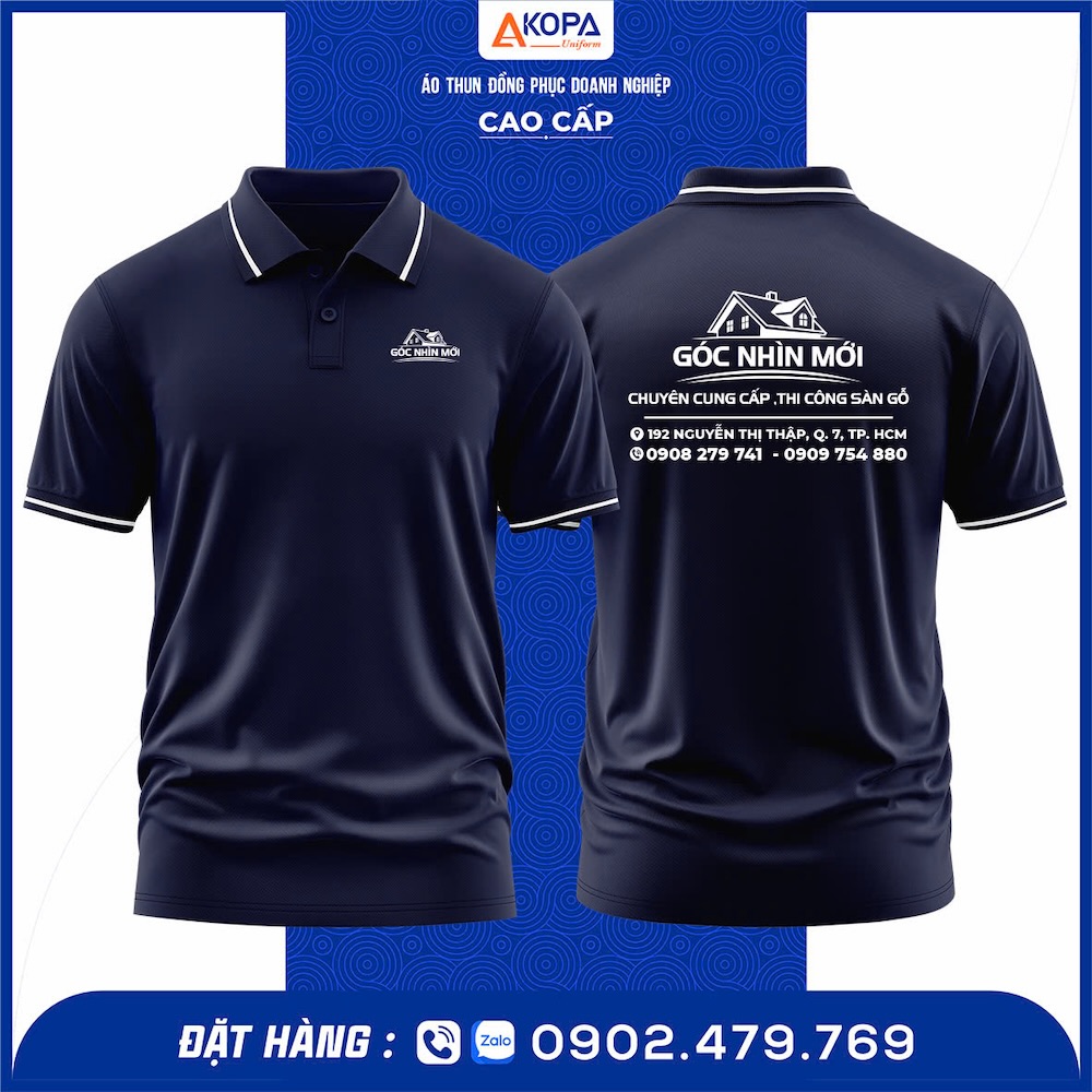 Áo thun polo đồng phục thi công sàn gỗ Góc Nhìn Mới – thiết kế polo cổ bẻ hiện đại, in PET logo sắc nét, chất vải cá sấu 65/35 thoáng mát, co giãn tốt. May tại xưởng Đồng Phục Khởi Phát Quy Nhơn – Gia Lai, thiết kế miễn phí, giao nhanh, giá rẻ, form chuẩn, đúng mẫu thực tế.