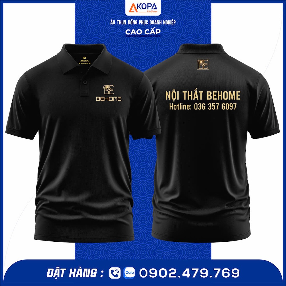 Áo thun polo đồng phục Nội Thất Behome – thiết kế polo cổ bẻ hiện đại, in PET logo sắc nét, chất vải cá sấu 65/35 thoáng mát, bền màu. May tại xưởng Đồng Phục Khởi Phát Quy Nhơn – Gia Lai, thiết kế miễn phí, giao nhanh, giá rẻ, form chuẩn, đúng mẫu thực tế.