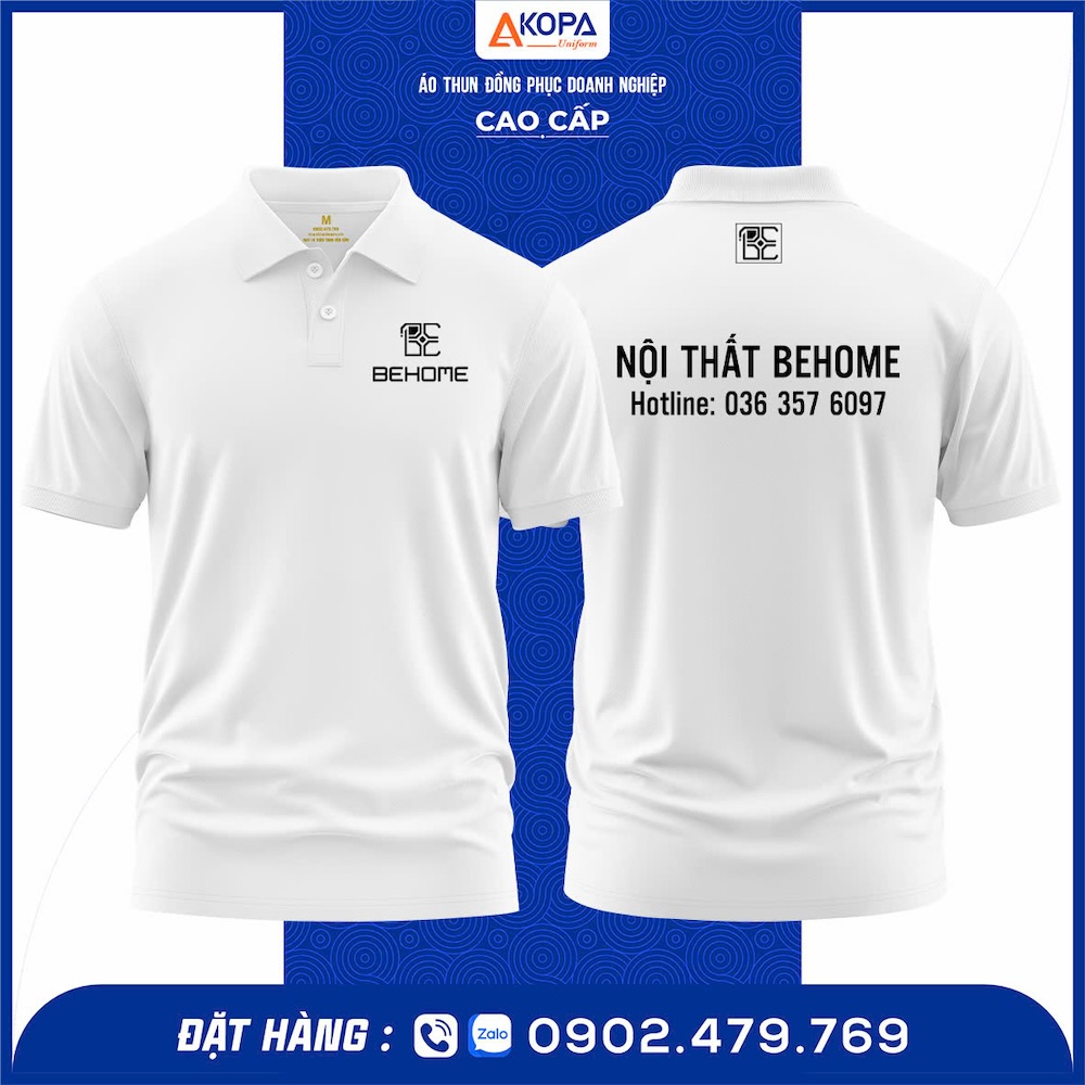 Áo thun polo đồng phục Nội Thất Behome – thiết kế polo cổ bẻ hiện đại, in PET logo sắc nét, chất vải cá sấu 65/35 thoáng mát, bền màu. May tại xưởng Đồng Phục Khởi Phát Quy Nhơn – Gia Lai, thiết kế miễn phí, giao nhanh, giá rẻ, form chuẩn, đúng mẫu thực tế.