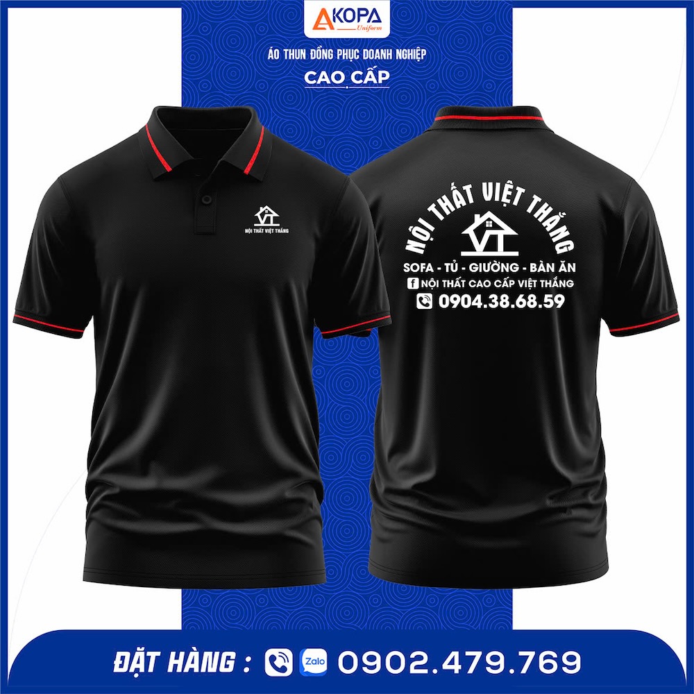 Áo thun polo đồng phục Công Ty Nội Thất Việt Thắng – thiết kế polo cổ bẻ hiện đại, in PET logo sắc nét, chất vải cá sấu 65/35 thoáng mát, bền màu. May tại xưởng Đồng Phục Khởi Phát Quy Nhơn – Gia Lai, thiết kế miễn phí, giao nhanh, giá rẻ, form chuẩn, đúng mẫu thực tế.