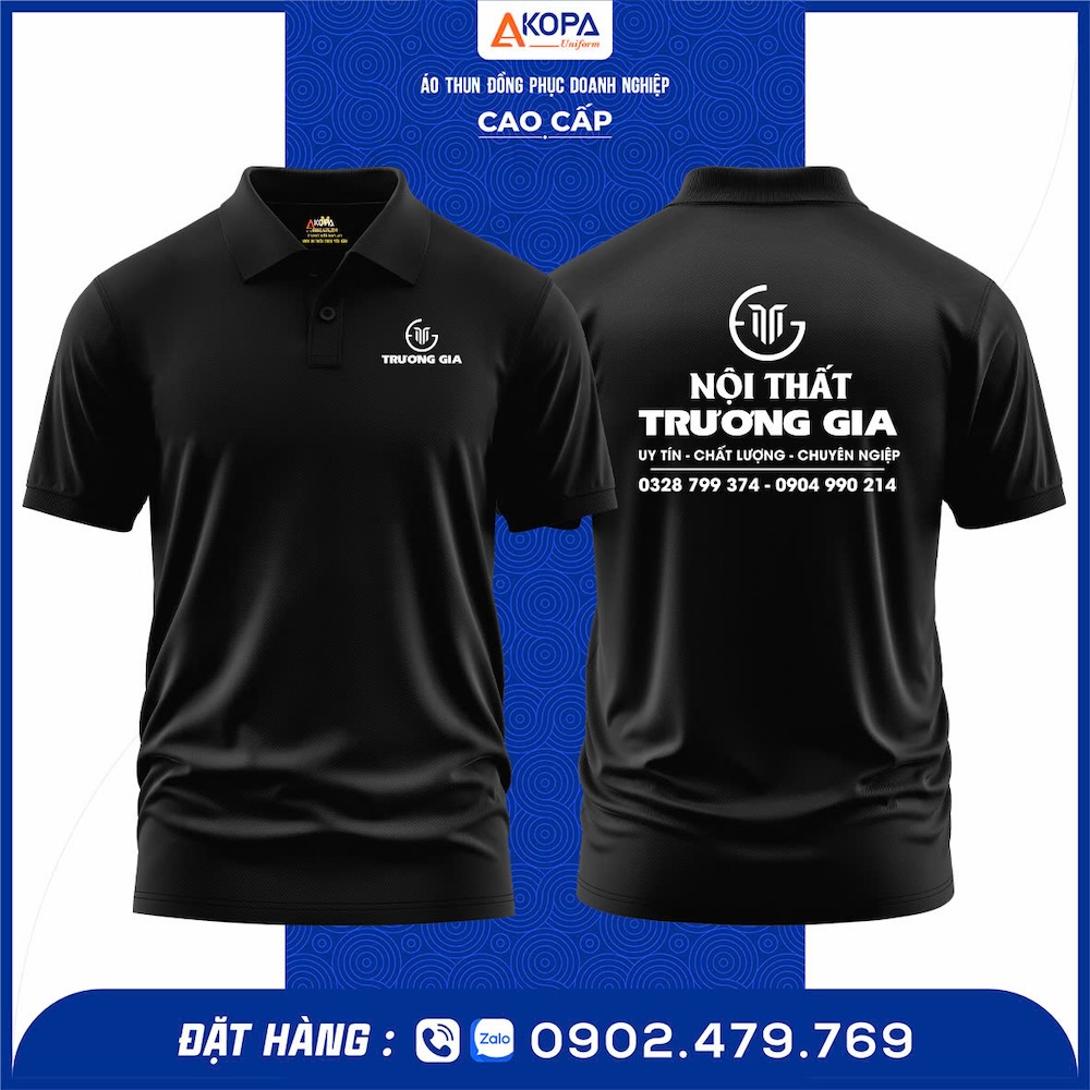 Áo thun polo đồng phục Nội Thất Trương Gia – thiết kế polo cổ bẻ hiện đại, in PET logo sắc nét, chất vải cá sấu 65/35 thoáng mát, bền màu. May tại xưởng Đồng Phục Khởi Phát Quy Nhơn – Gia Lai, thiết kế miễn phí, giao nhanh, giá rẻ, form chuẩn, đúng mẫu thực tế.