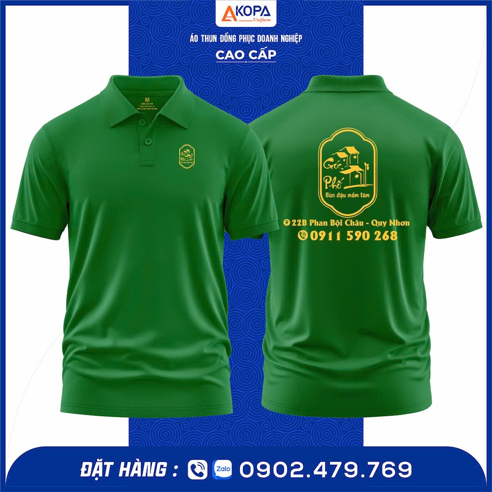 Áo thun polo đồng phục quán Bún Đậu Mắm Tôm – thiết kế polo cổ bẻ hiện đại, in PET logo sắc nét, chất vải cá sấu 65/35 thoáng mát, bền màu. May tại xưởng Đồng Phục Khởi Phát Quy Nhơn – Gia Lai, thiết kế miễn phí, giao nhanh, giá rẻ, form chuẩn, đúng mẫu thực tế.