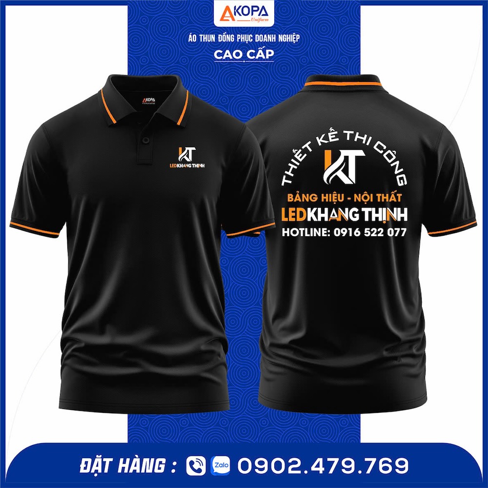 Áo thun polo đồng phục Thiết Kế Thi Công Led Khang Thịnh – thiết kế polo cổ bẻ hiện đại, in PET logo sắc nét, chất vải cá sấu 65/35 thoáng mát, co giãn tốt. May tại xưởng Đồng Phục Khởi Phát Quy Nhơn – Gia Lai, thiết kế miễn phí, giao nhanh, giá rẻ, form chuẩn, đúng mẫu thực tế.