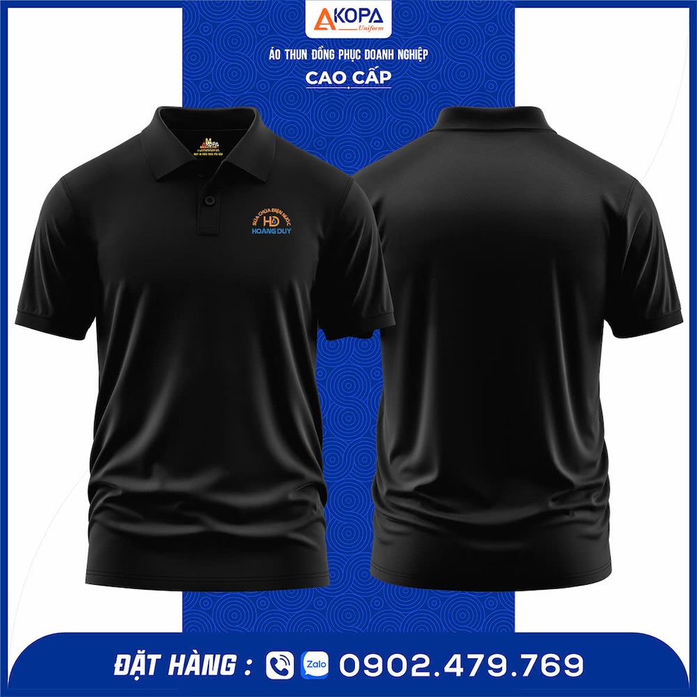 Mẫu in áo đồng phục lấy ngay cho cửa hàng sửa chữa điện nước Hoàng Duy, thiết kế cổ bẻ sang trọng, chất liệu cotton mát mẻ.