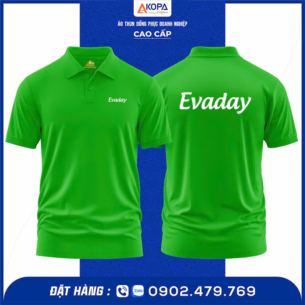 Mẫu in áo đồng phục lấy ngay cho công ty Evaday, thiết kế cổ bẻ sang trọng, chất liệu cotton mát mẻ.