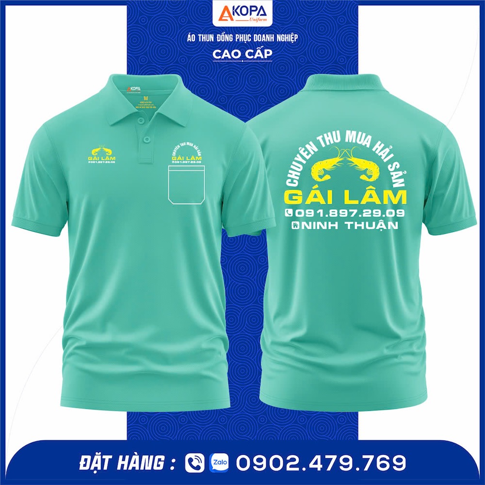 Mẫu in áo đồng phục lấy ngay cho nhà vựa chuyên thu mua hải sản Gái Lâm, thiết kế cổ bẻ sang trọng, chất liệu cotton mát mẻ.