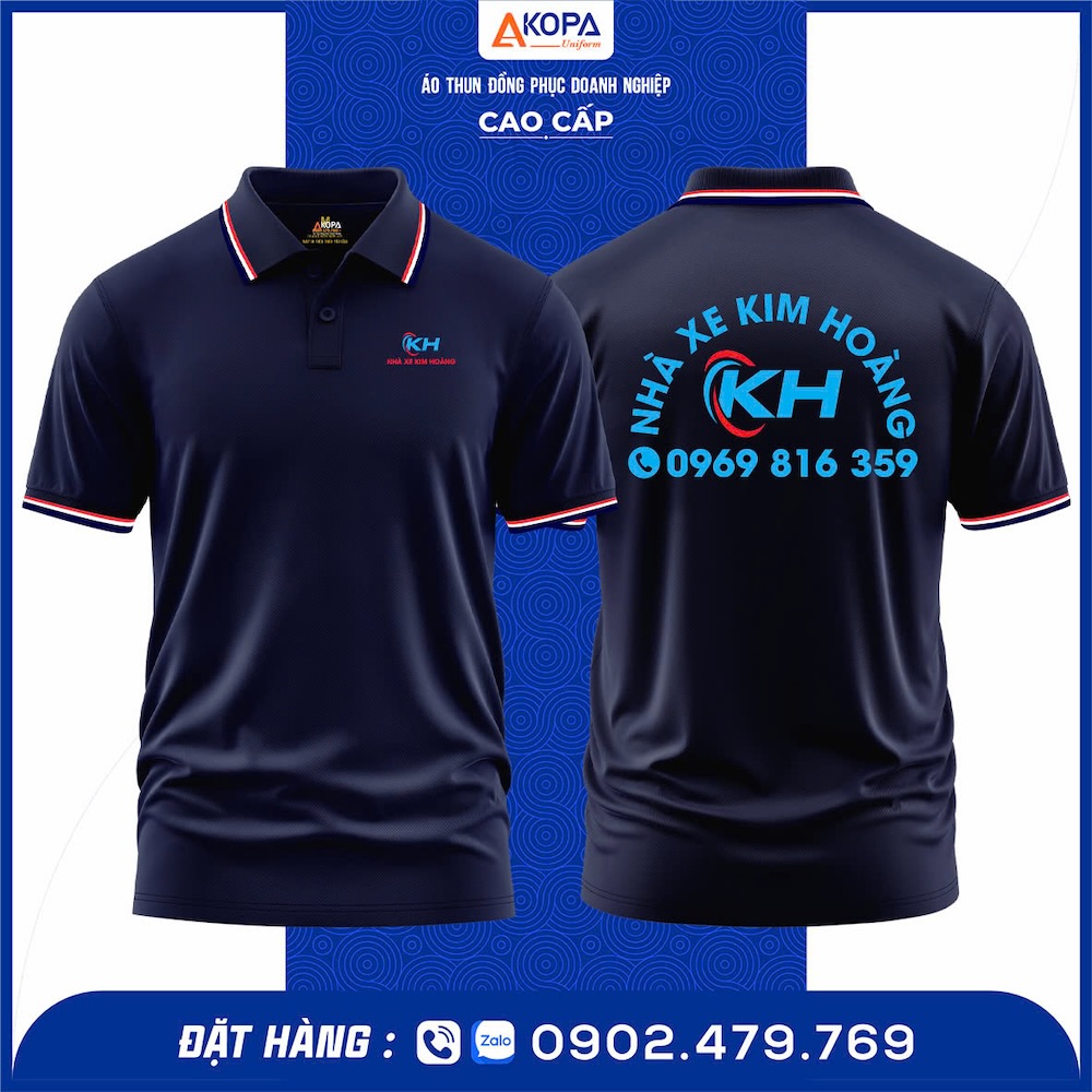 Mẫu in áo đồng phục lấy ngay cho nhà xe Kim Hoàng, thiết kế cổ bẻ sang trọng, chất liệu cotton mát mẻ.