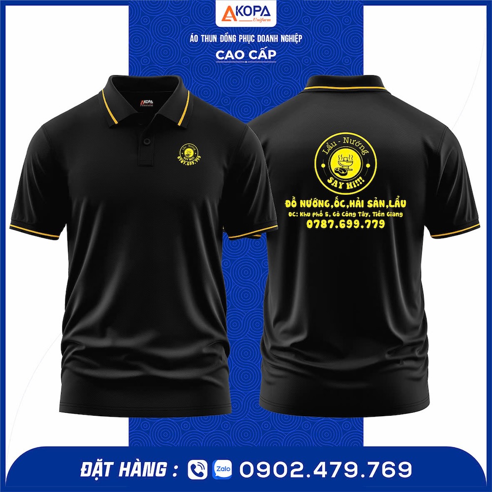 Mẫu in áo đồng phục lấy ngay cho quán lẩu nướng SAY HI, thiết kế cổ bẻ sang trọng, chất liệu cotton mát mẻ.