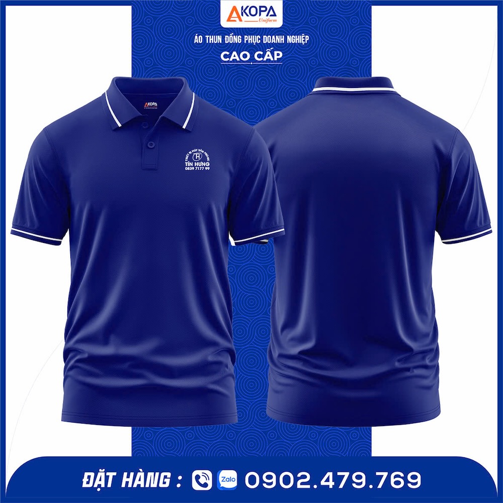 Mẫu in áo đồng phục lấy ngay cho công ty thiết bị may văn phòng Tín Hưng, thiết kế cổ bẻ sang trọng, chất liệu cotton mát mẻ.