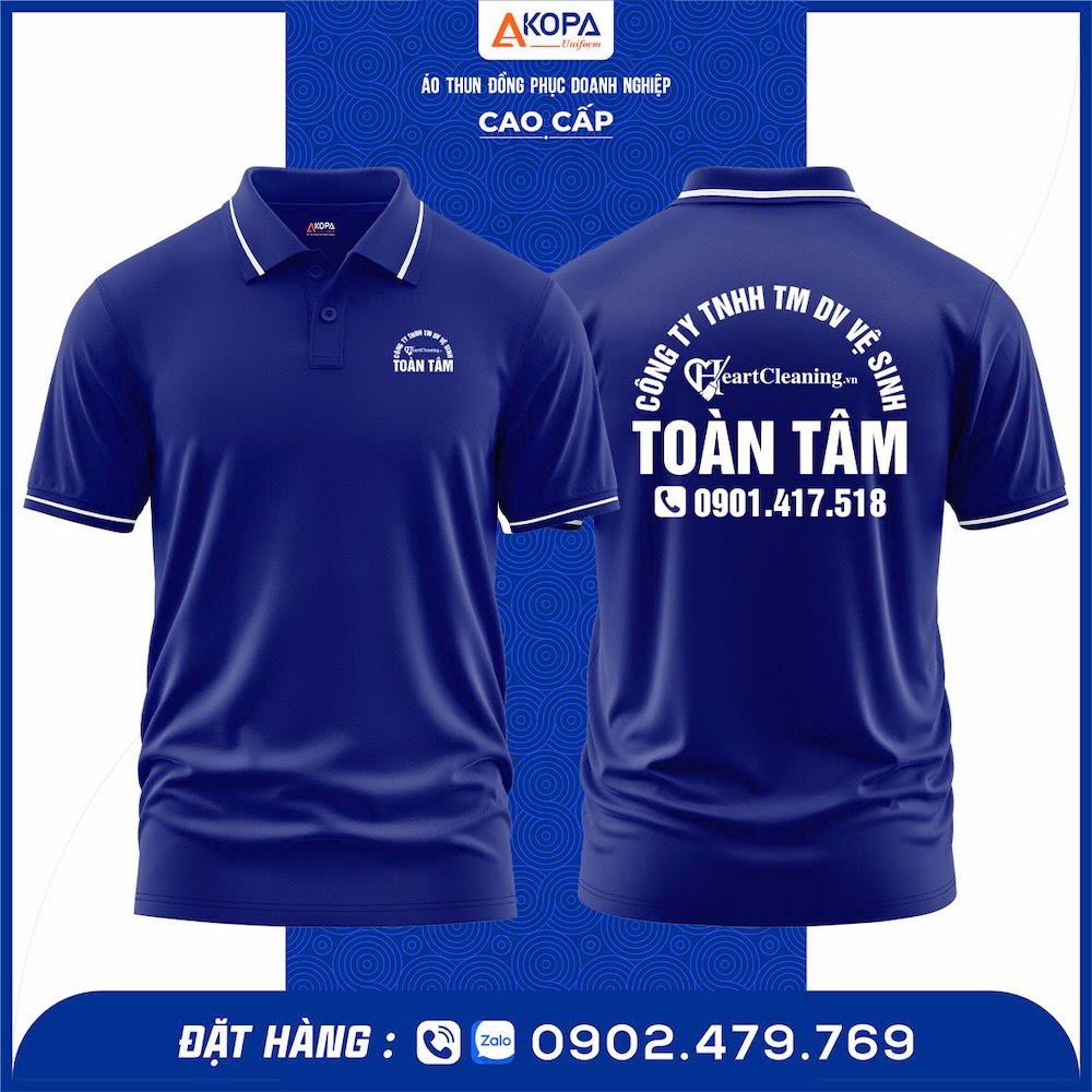 Mẫu in áo đồng phục lấy ngay cho công ty dịch vụ vệ sinh Toàn Tâm, thiết kế cổ bẻ sang trọng, chất liệu cotton mát mẻ.