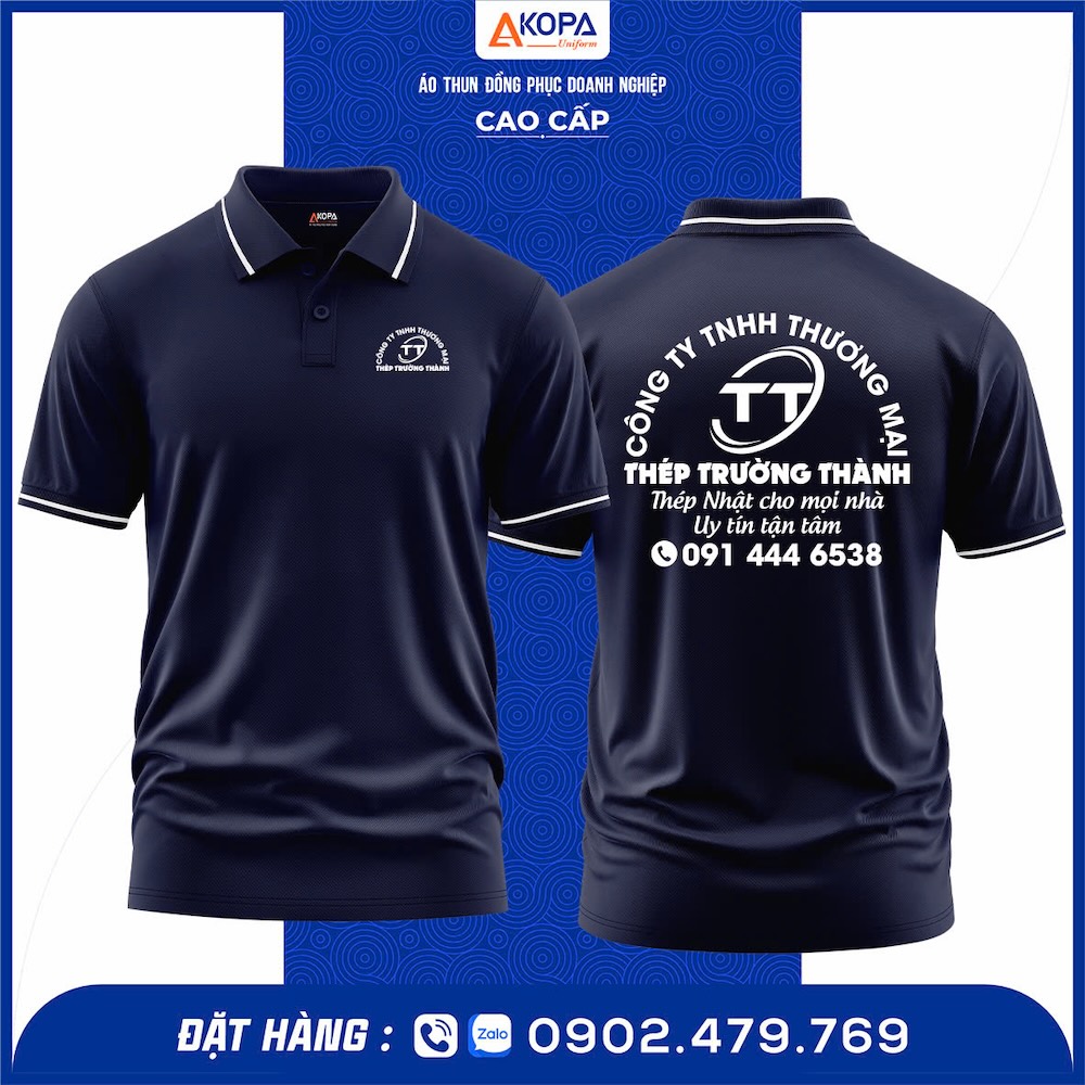 Áo thun polo đồng phục Công Ty TNHH Thương Mại Thép Trường Thành – thiết kế polo cổ bẻ hiện đại, in PET logo sắc nét, chất vải cá sấu 65/35 thoáng mát, bền màu. May tại xưởng Đồng Phục Khởi Phát Quy Nhơn – Gia Lai, thiết kế miễn phí, giao nhanh, giá rẻ, form chuẩn, đúng mẫu thực tế.
