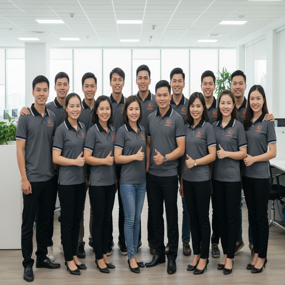 Khách hàng đang mặc thử áo polo đồng phục may sẵn tại AKOPA, chất liệu cao cấp, form chuẩn.