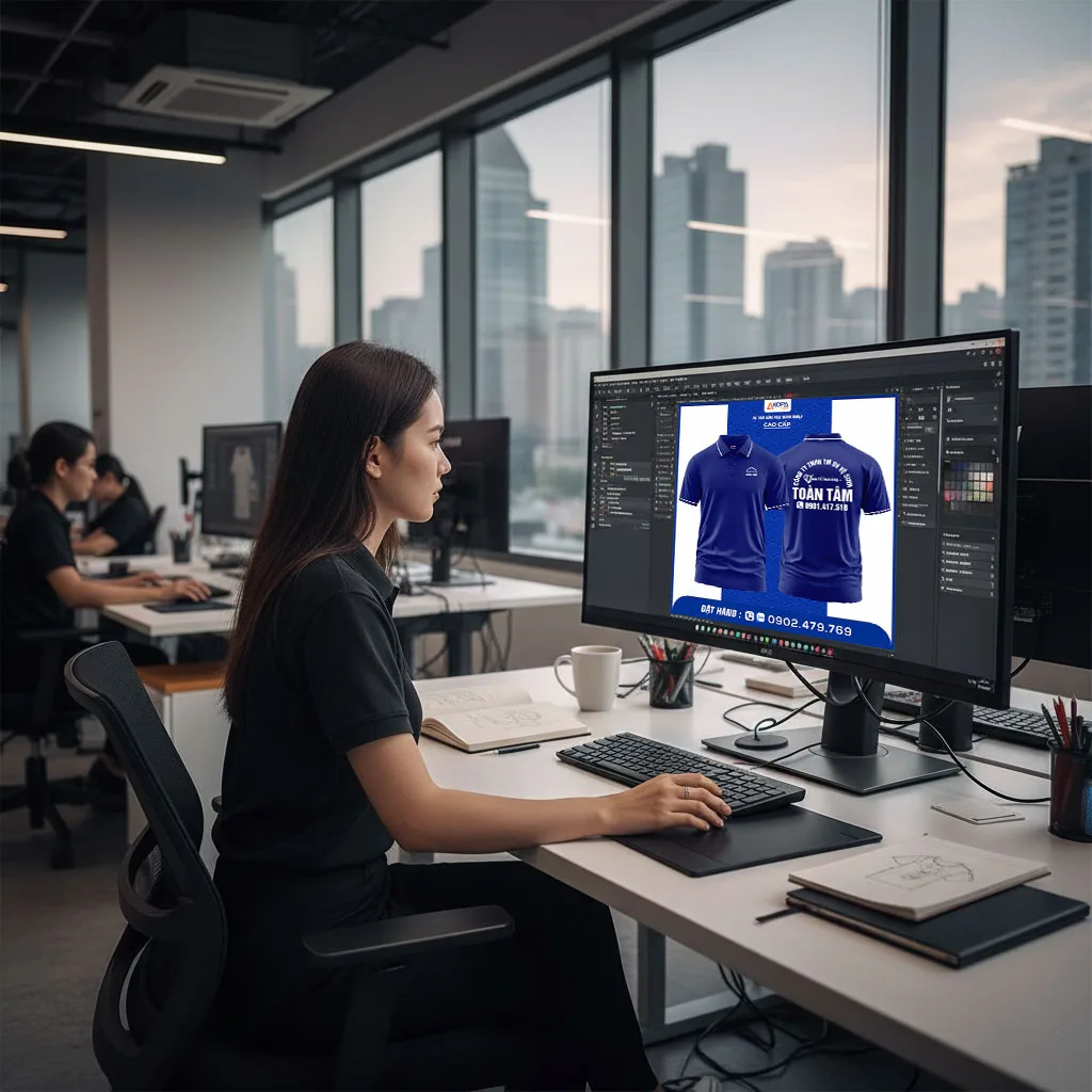 Nhân viên AKOPA thiết kế áo đồng phục 3D theo yêu cầu