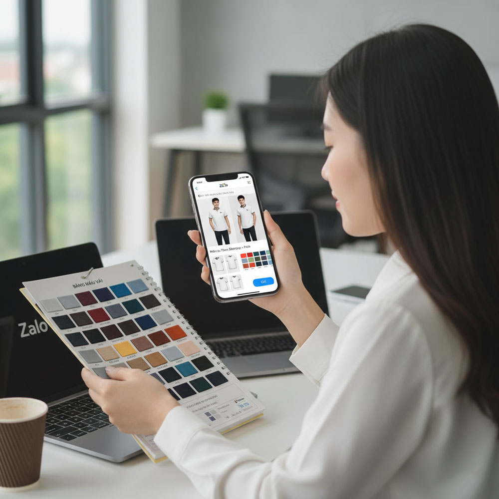 Nhân viên AKOPA đang tư vấn chọn mẫu và báo giá in áo đồng phục gấp qua điện thoại cho khách hàng tại TPHCM.