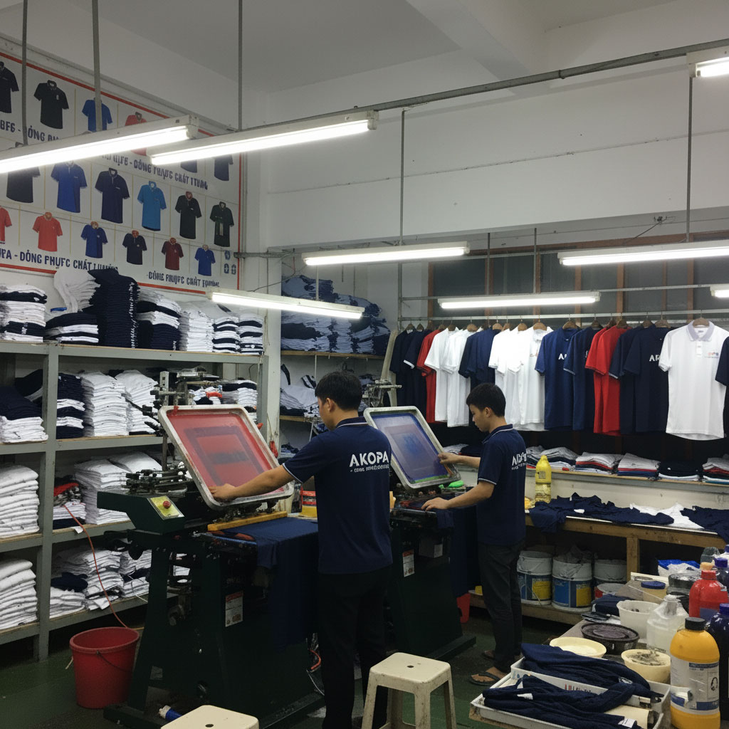 Xưởng in áo đồng phục lấy ngay tại AKOPA TPHCM với máy móc hiện đại, nhân viên đang làm việc để hoàn thành đơn hàng trong 3 giờ.