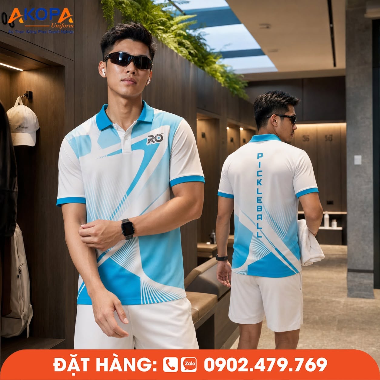 mẫu áo đồng phục pickleball nam màu xanh thiên thanh