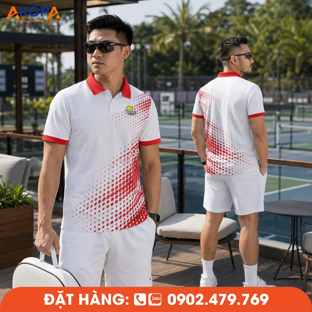 Áo Đồng Phục Pickleball Nam Trắng Phối Đỏ