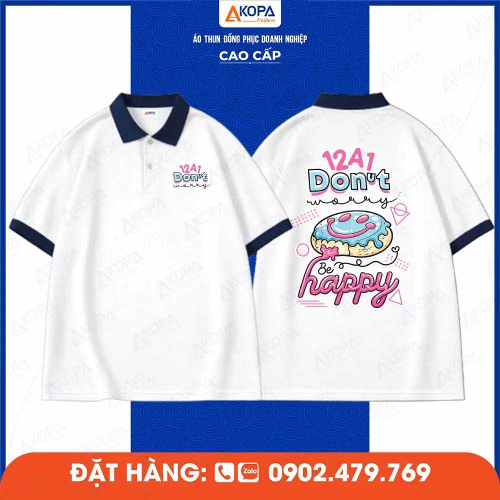 Mẫu áo lớp đồng phục polo trắng 12A1 in hình donut dễ thương