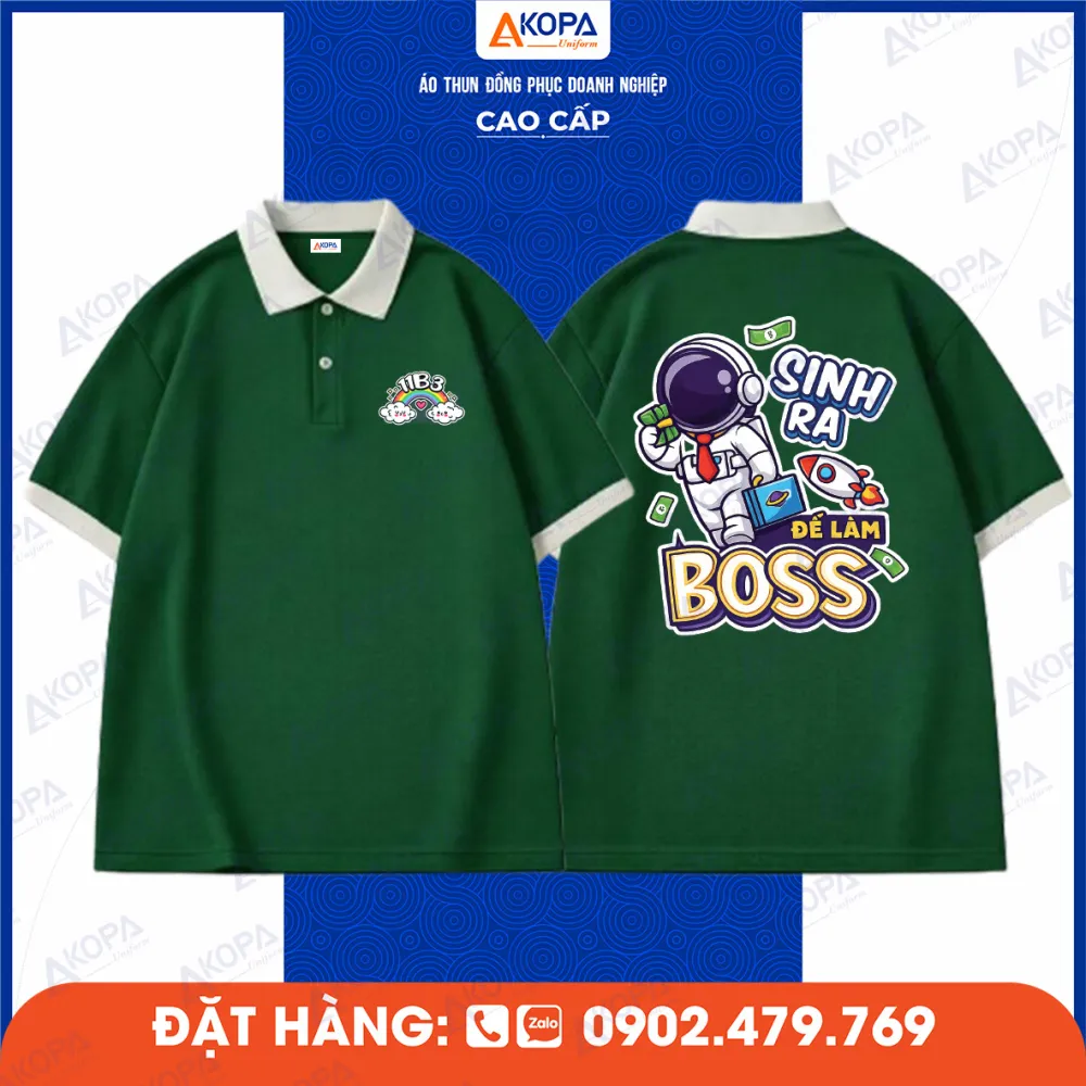 Áo lớp đồng phục polo xanh lá in slogan Sinh Ra Để Làm Boss