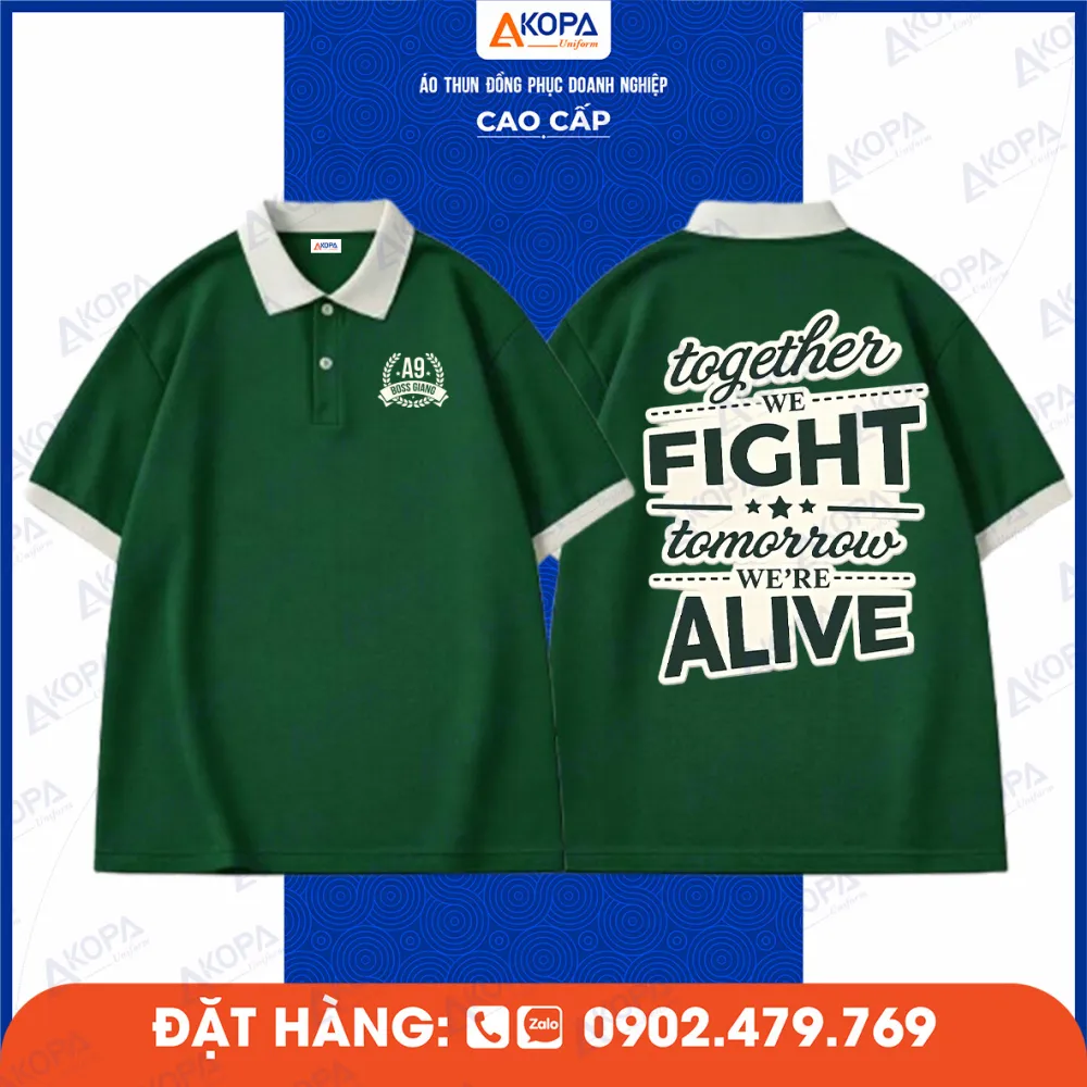 Mẫu áo lớp đồng phục polo xanh rêu in slogan Together We Fight