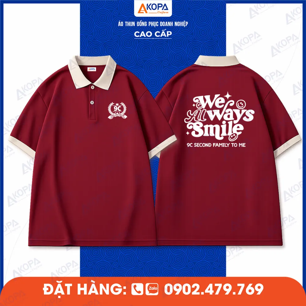 Áo lớp màu đỏ 9C in chữ “We Always Smile” mặt lưng