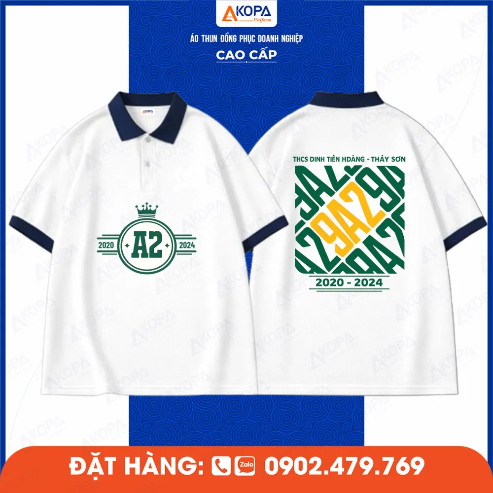mẫu áo lớp trắng in logo A2 và thiết kế mặt sau 2020 2024