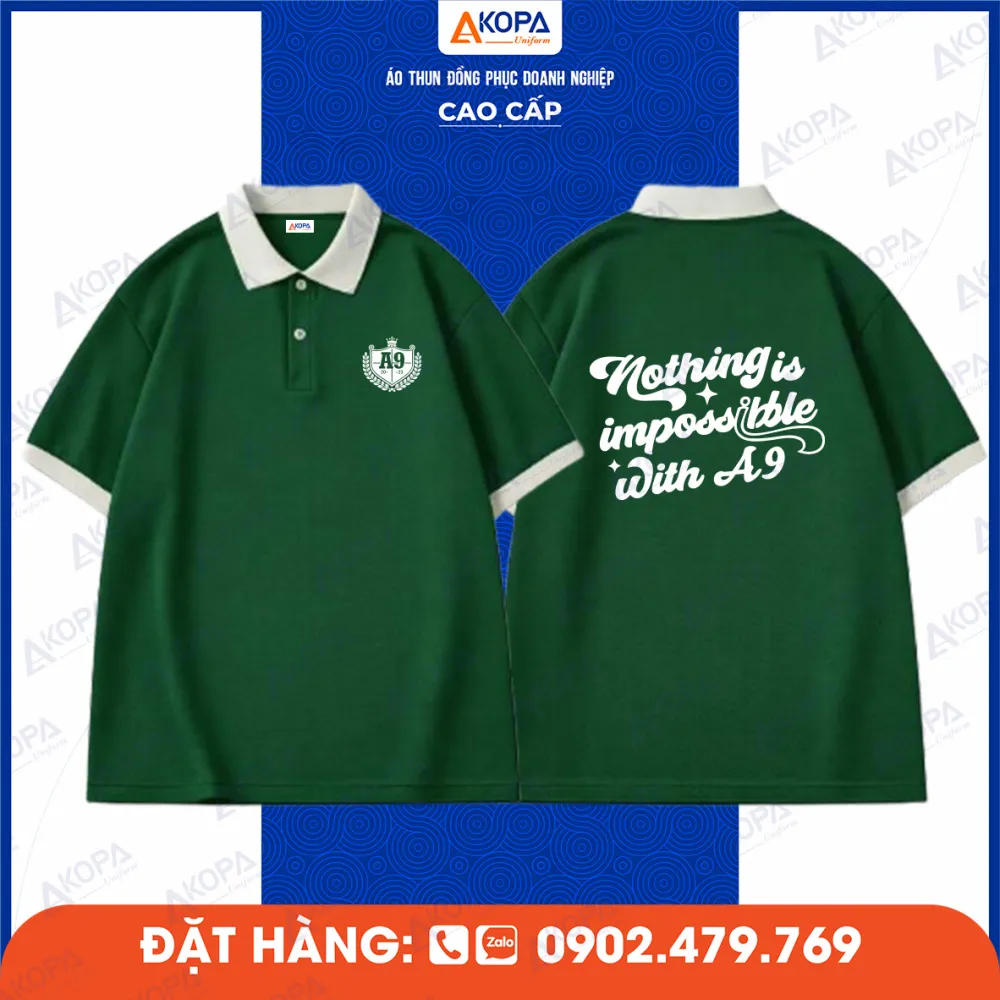 Áo polo xanh lá A9 in slogan tiếng Anh phía sau
