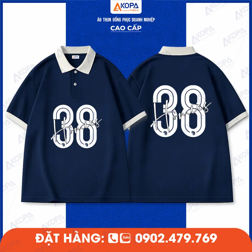 Áo polo xanh navy in số 38 cách điệu trước và sau