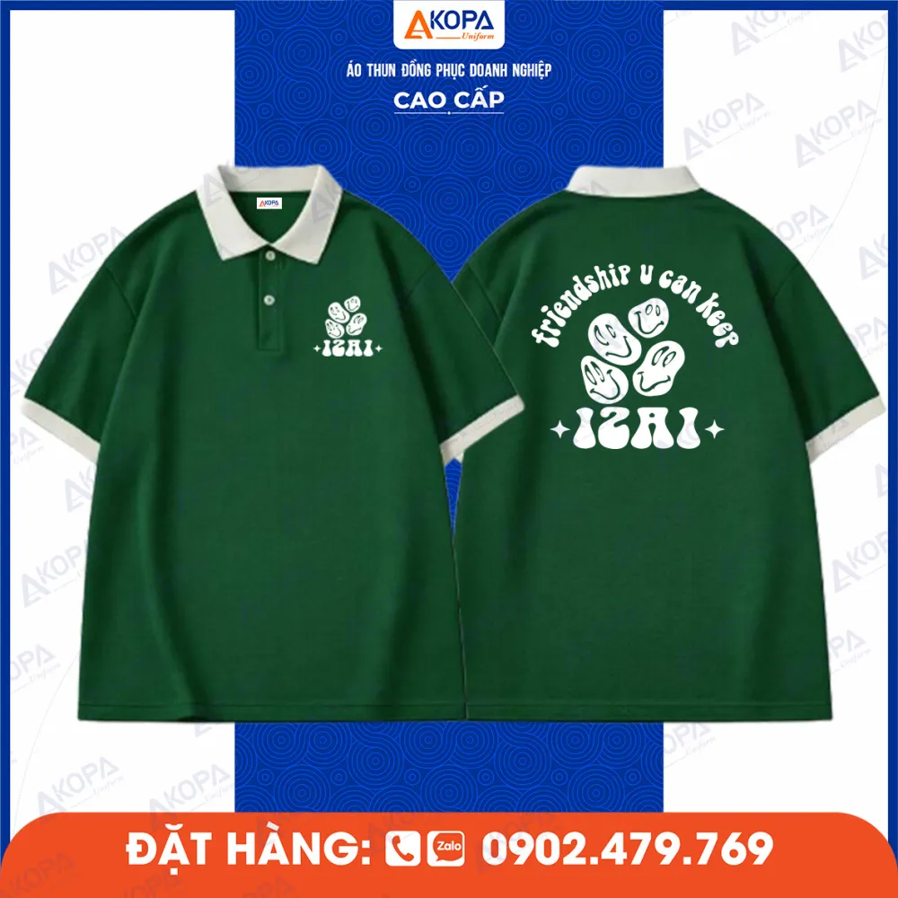 Mẫu áo lớp đồng phục polo xanh 12A1 in slogan Friendship