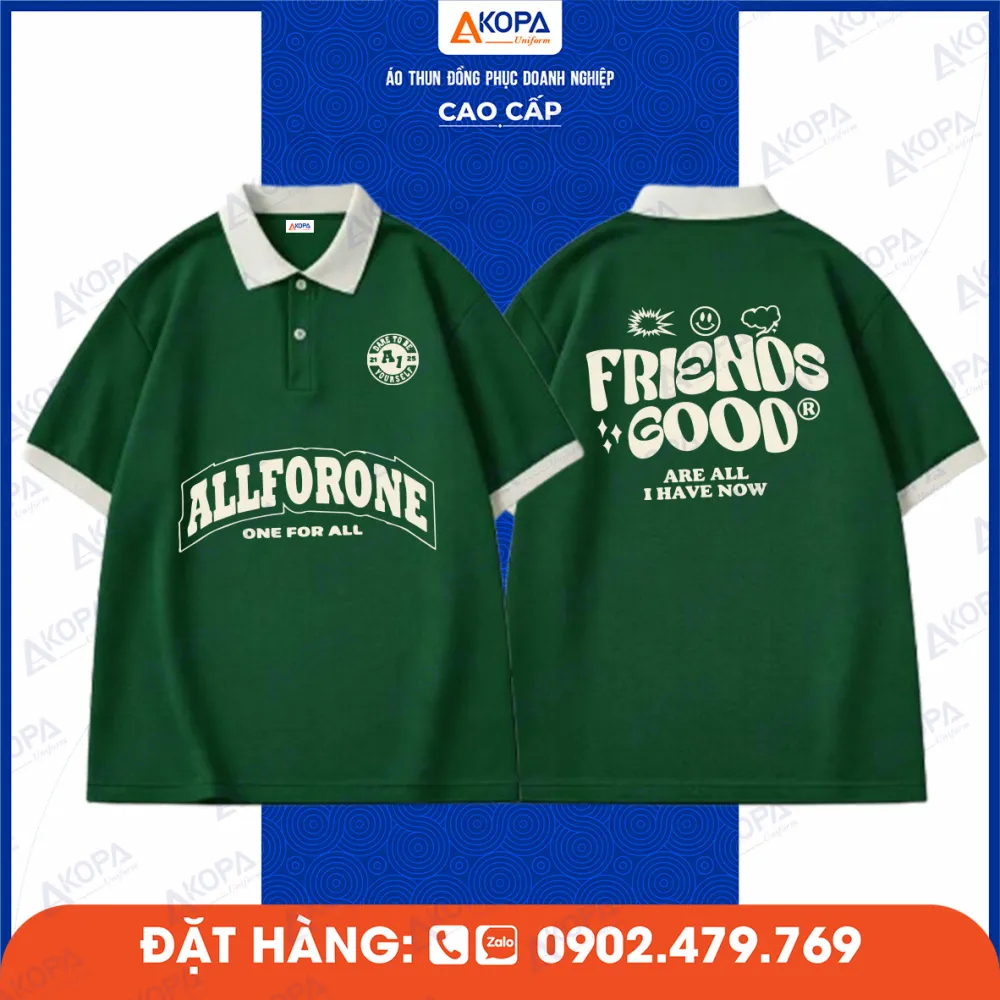 Mẫu áo lớp đồng phục xanh rêu in slogan ALLFORONE