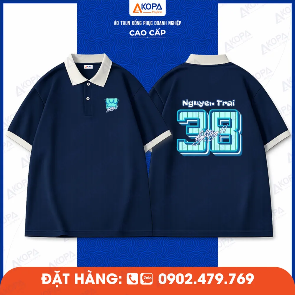 Áo lớp đồng phục xanh đậm in số 33 và tên lớp