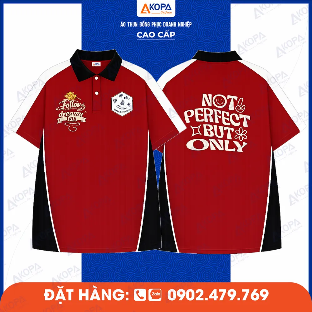 áo thun đồng phục cổ polo màu đỏ phối đen in slogan sau lưng
