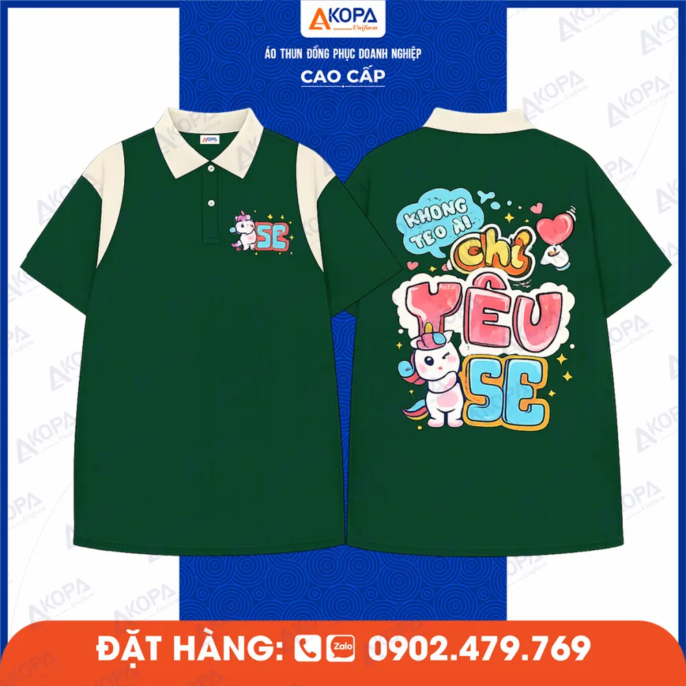 Áo lớp xanh lá in hình unicorn và chữ Chỉ Yêu 5E