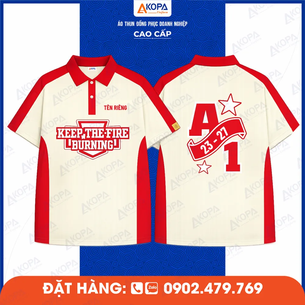 Áo lớp màu kem phối đỏ in A1 và slogan Keep The Fire Burning