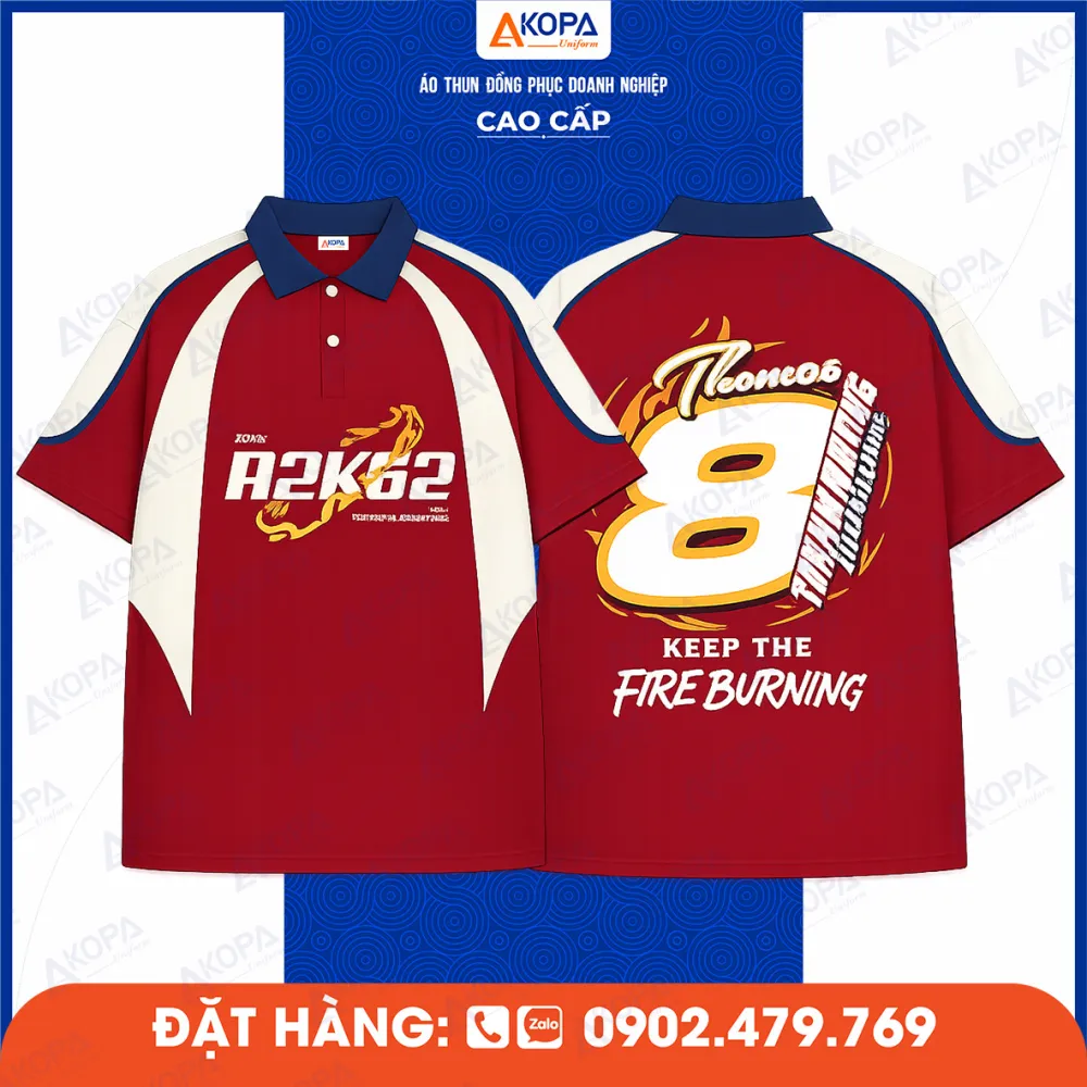 Áo lớp đỏ phối trắng in số 8 và slogan Keep The Fire Burning
