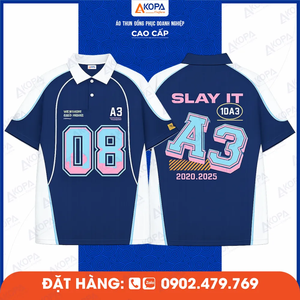 Áo lớp polo xanh navy phối trắng in số 08 và chữ A3