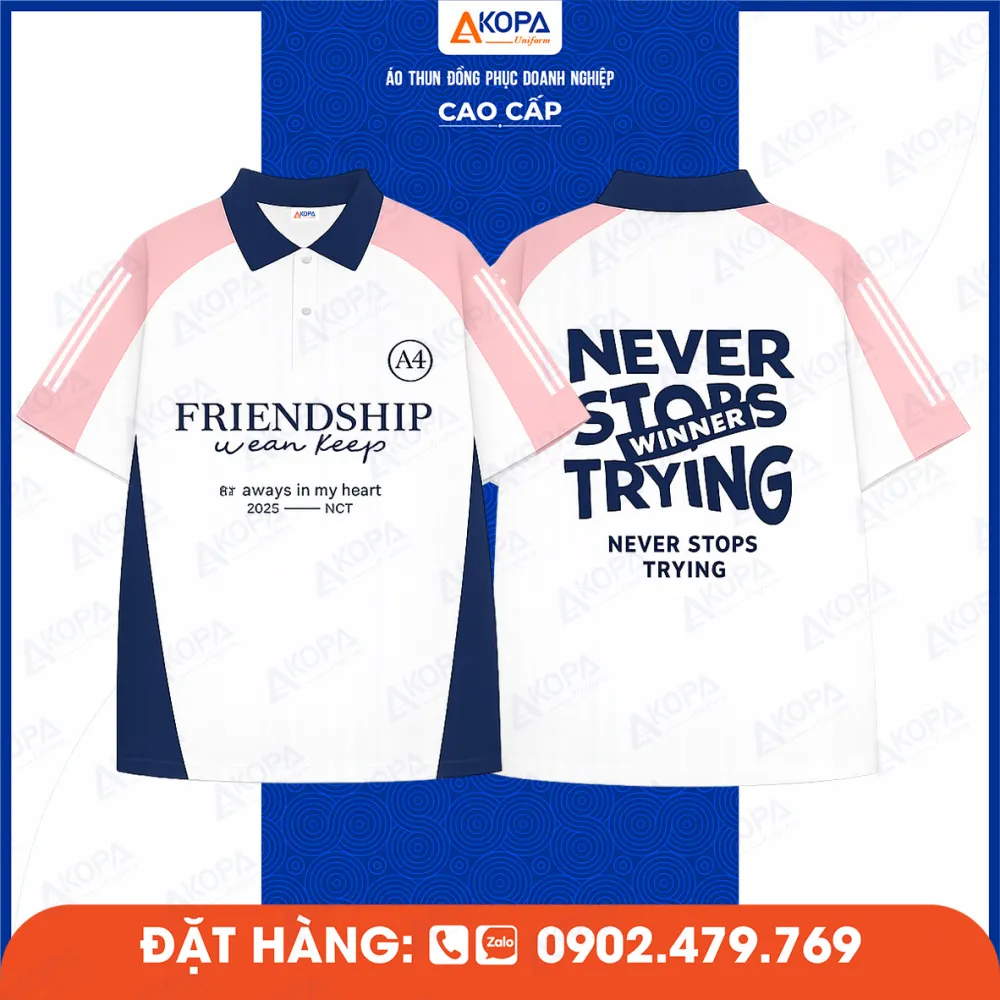 Áo lớp trắng phối hồng in chữ Never Stop Trying