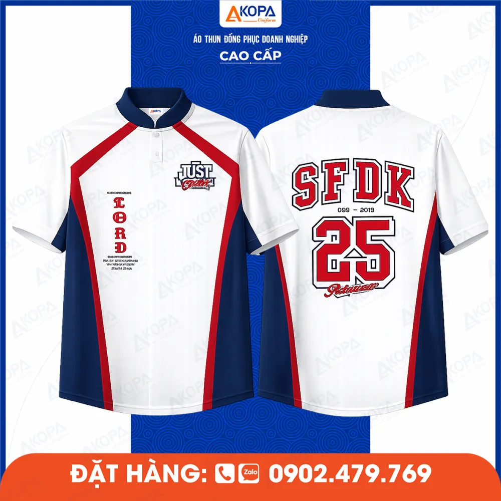 Áo lớp trắng phối xanh đỏ in số 25 phong cách thể thao