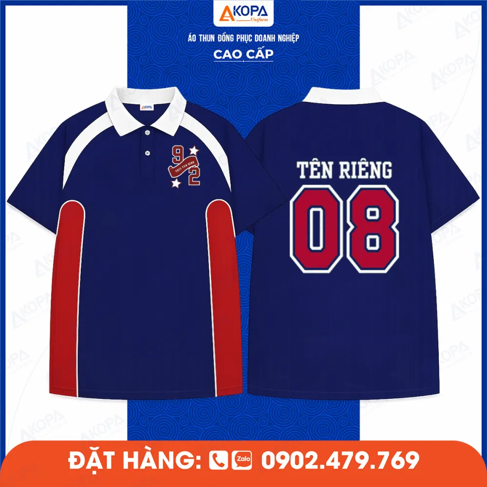 Áo lớp polo xanh navy phối đỏ in số 08 phía sau