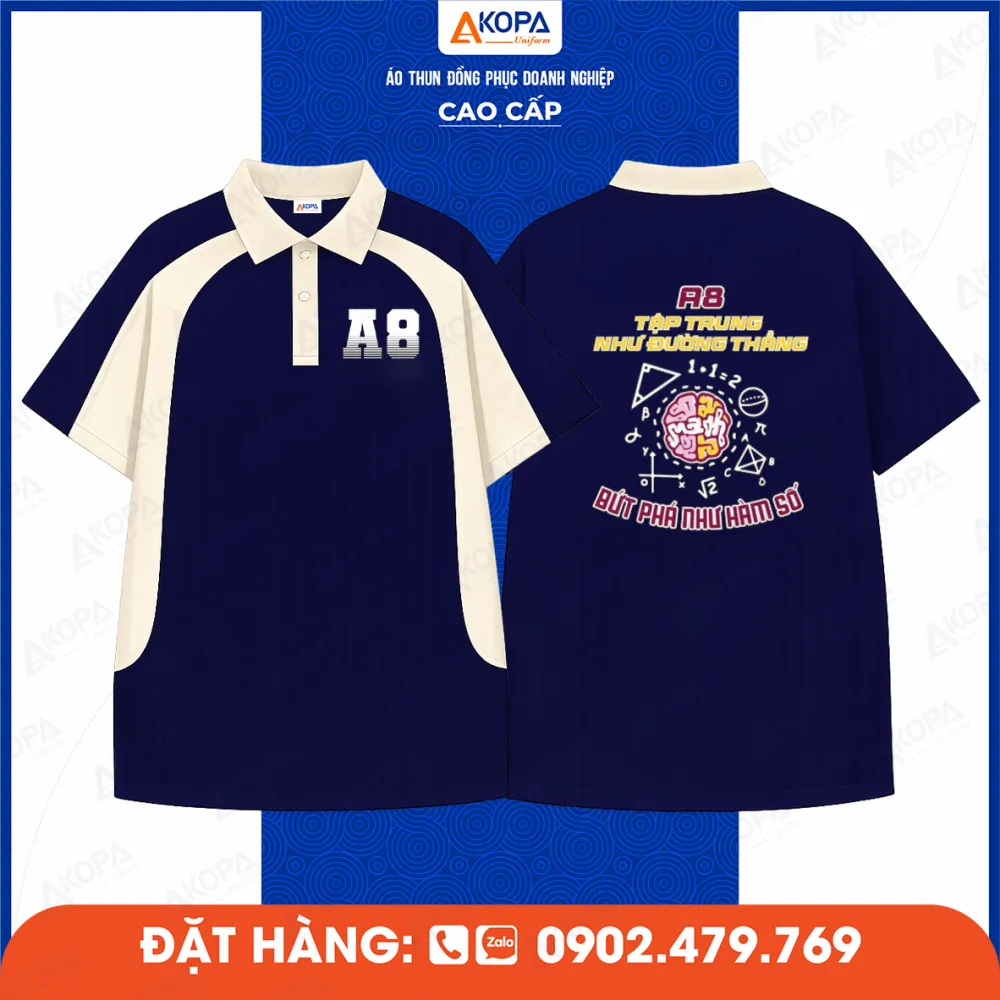 Áo lớp xanh đậm phối kem in A8 và slogan phía sau