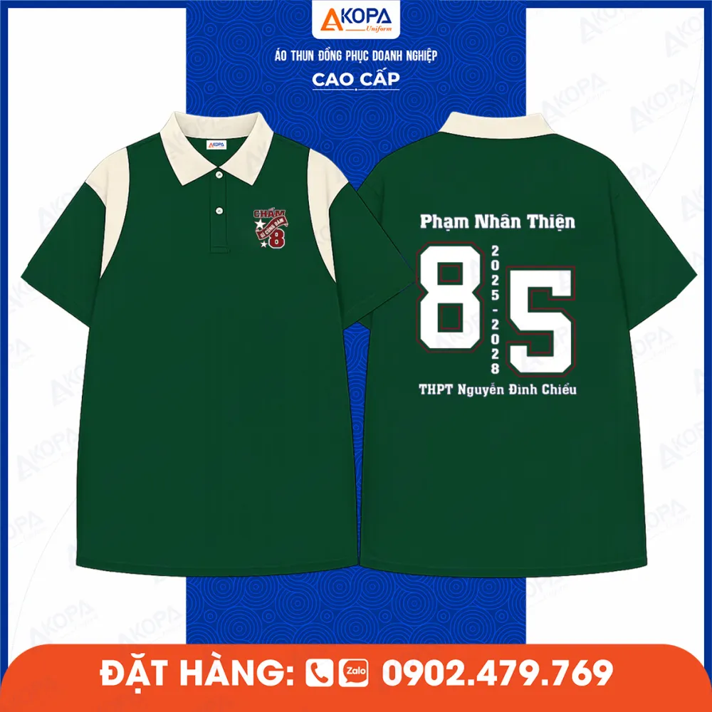 Áo lớp xanh lá cổ kem in số 85 và tên trường