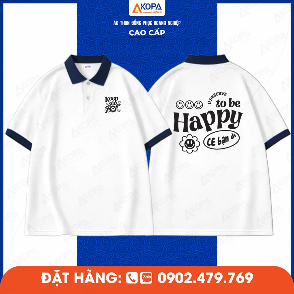 Áo lớp polo trắng cổ xanh in typography “You Deserve To Be Happy” phong cách tối giản