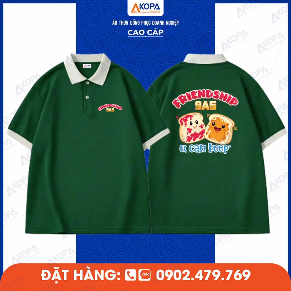 Áo lớp xanh lá in hình bánh mì và chữ Friendship